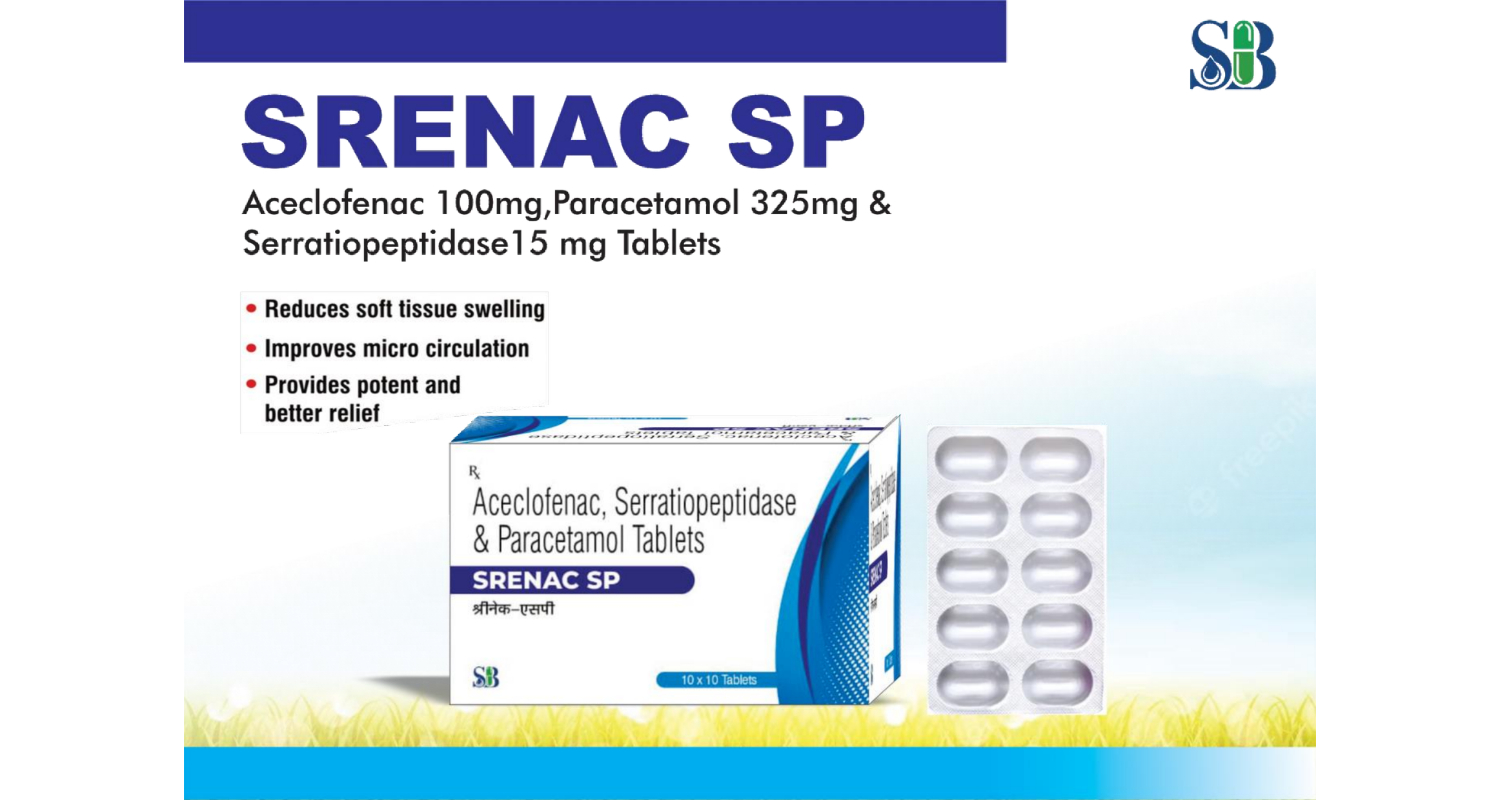 SRENAC-SP Aceclofenac 100mg + Paracetamol 325mg + Serratiopeptidase 15mg - Pain Relief by Shressence Biotech